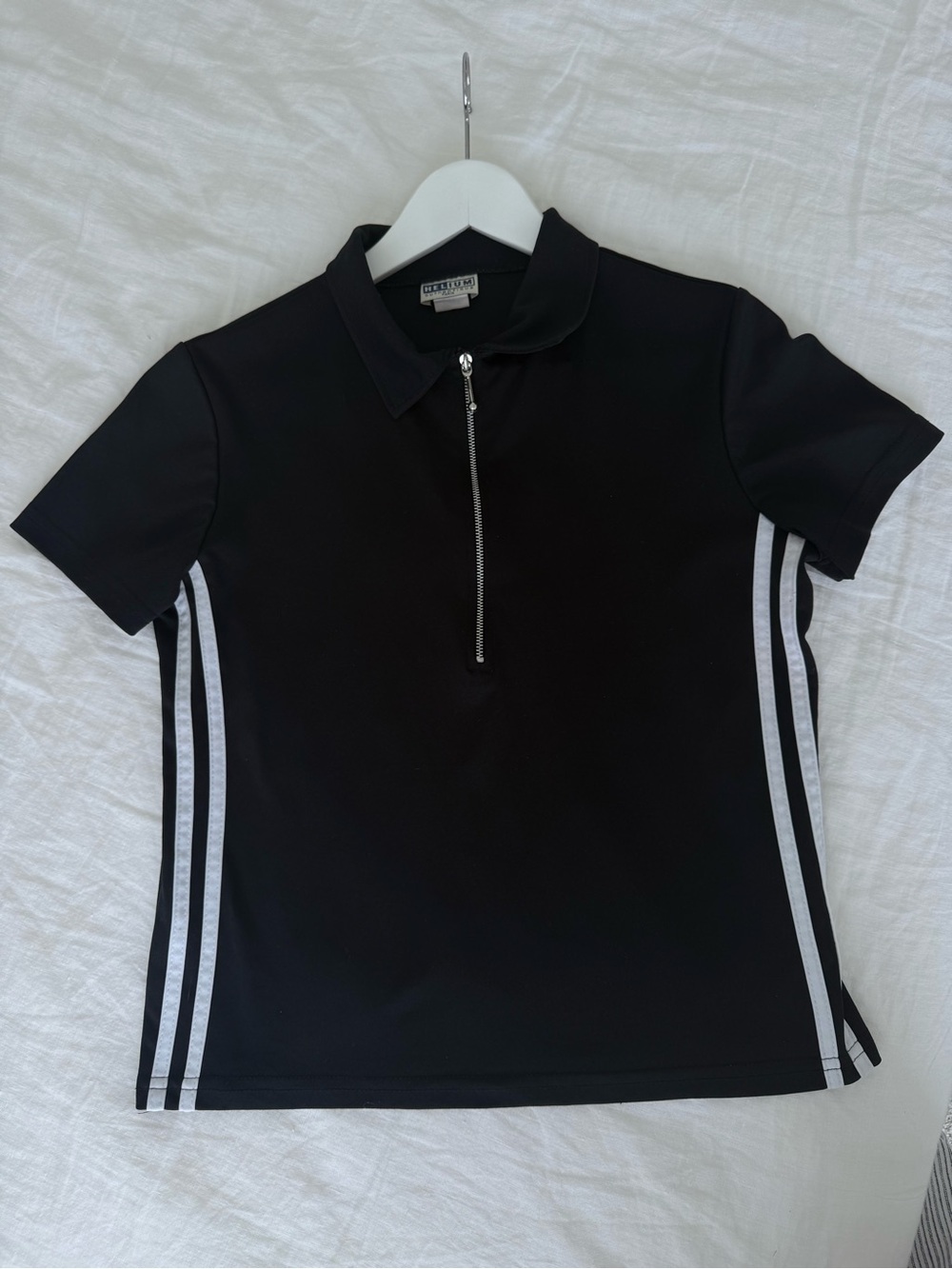 Black Polo Zip-Front Top with White Side Stripes
